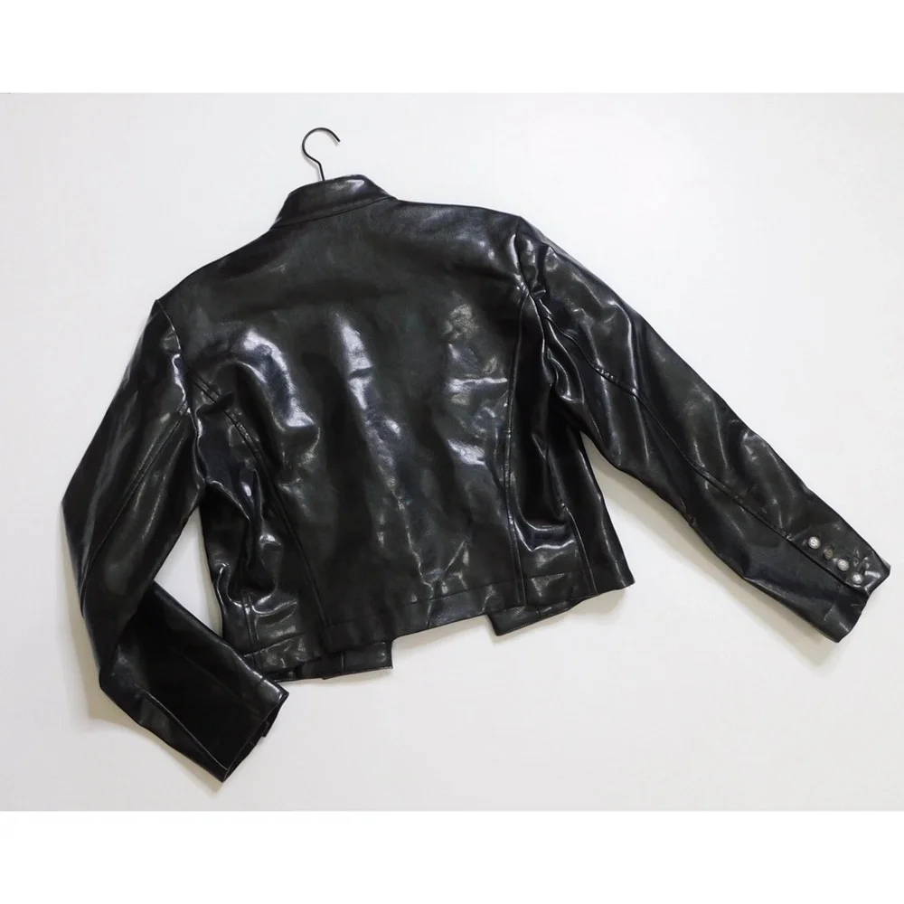 SHRINE OF HOLLYWOOD Faux Leather Jacket‎ Embossed Buttons Vegan Unisex Large
